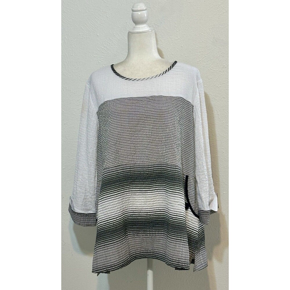Ali Miles Size XL Striped Crinkled Oversized Pockets Long Sleeve Top Boho Office
